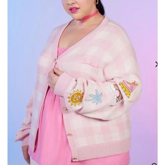 Hot Topic Plus Size 3 Barbie Doll Pink Plaid Embroidered Cardigan Sweater 3X New - Picture 3 of 6